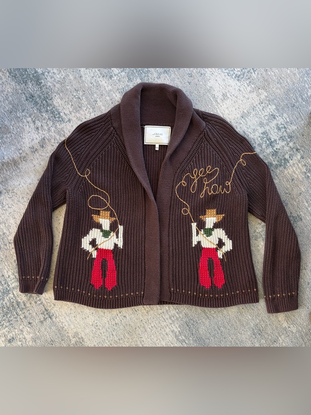 THE GREAT. chocolate Brown Knit Cardigan with Rodeo Intarsia lasso lodge sweater